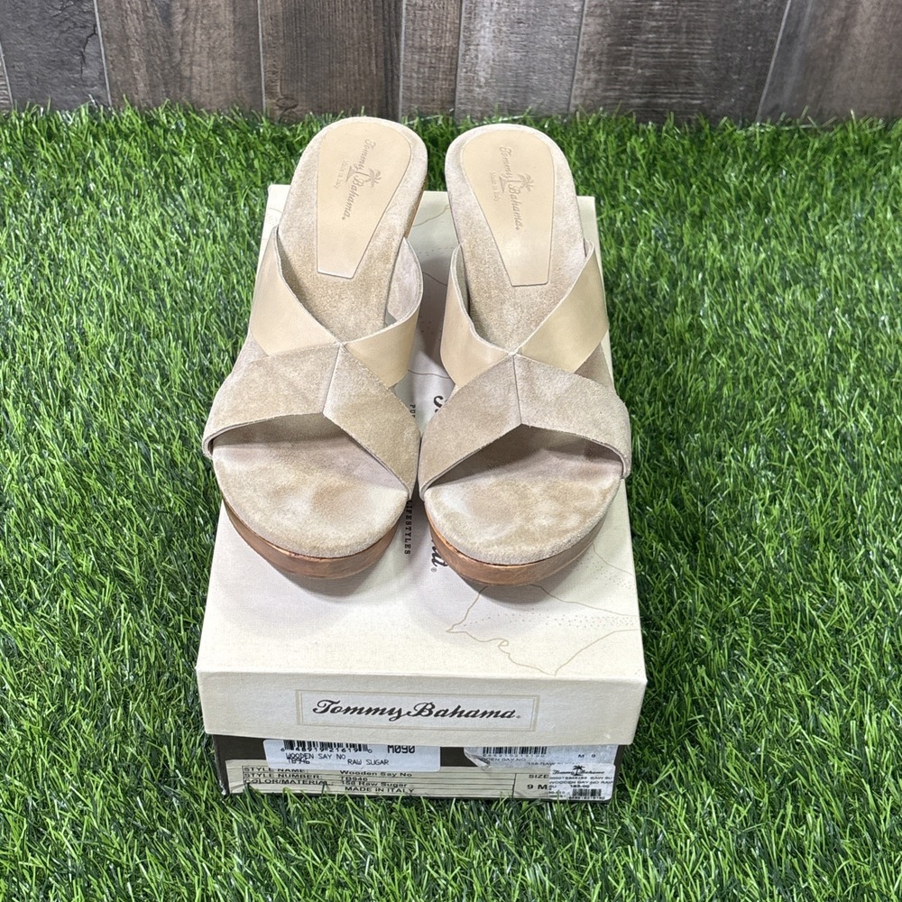 Tommy Bahama Wooden Say No Raw Sugar Italy Suede Leather Slide Sandals - Picture 2 of 8